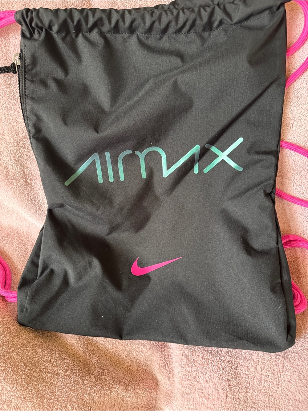 Nike Air Max Black Drawstring Backpack with Teal Logo and Pink Swoosh